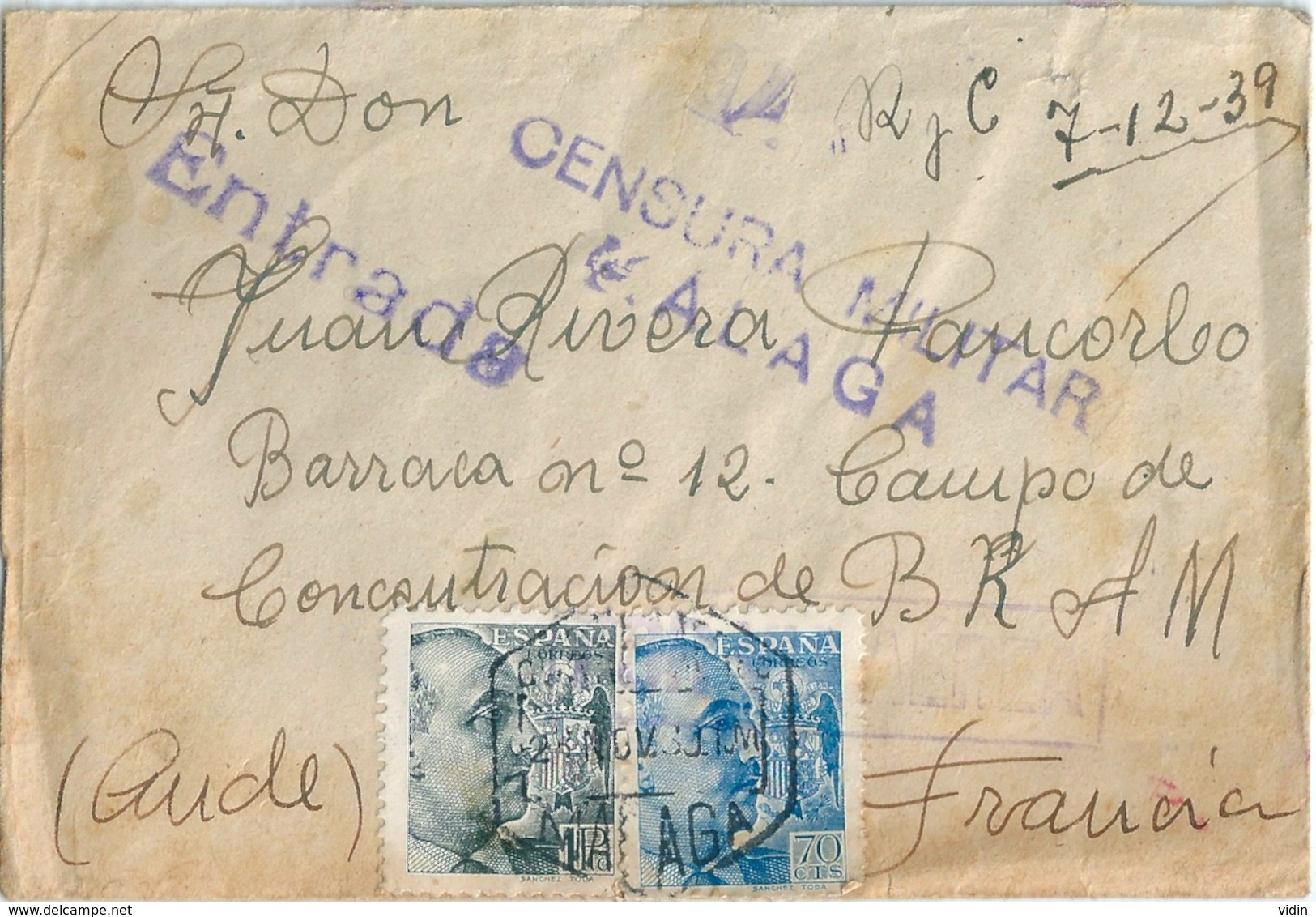 ESPAGNE ESPANA Lettre Pour Camp De Concentration WW2 Censure 1939 - Lettres & Documents