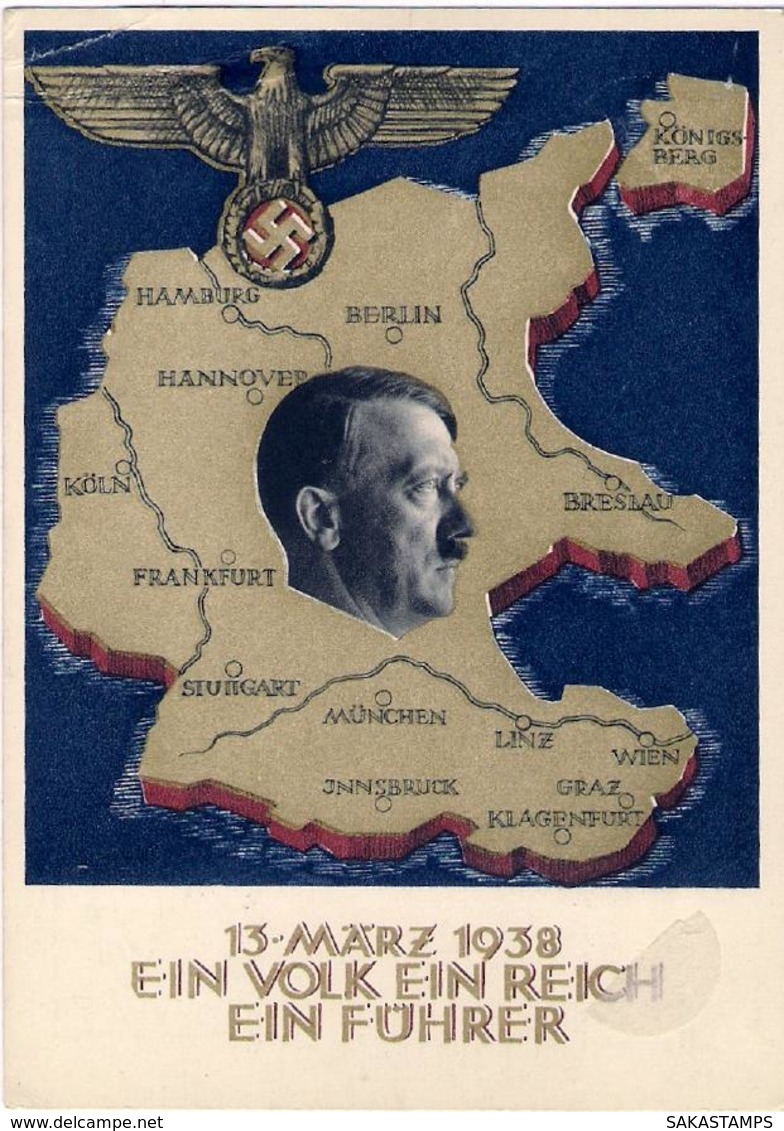 1938-Germania Cartolina Postale Nuova 6p."Annessione Dell'Austria"con Annullo Speciale Ein Volk Ein Reich Ein Fuhrer. Mi - Altri & Non Classificati