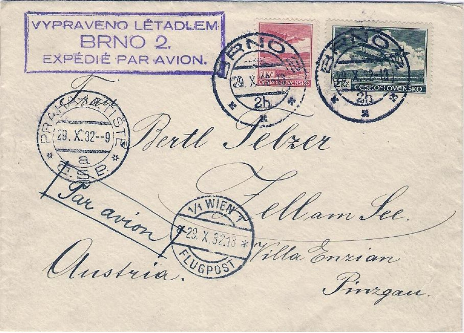 1932-Cecoslovacchia Lettera Aerea Diretta In Austria - Czech Republic