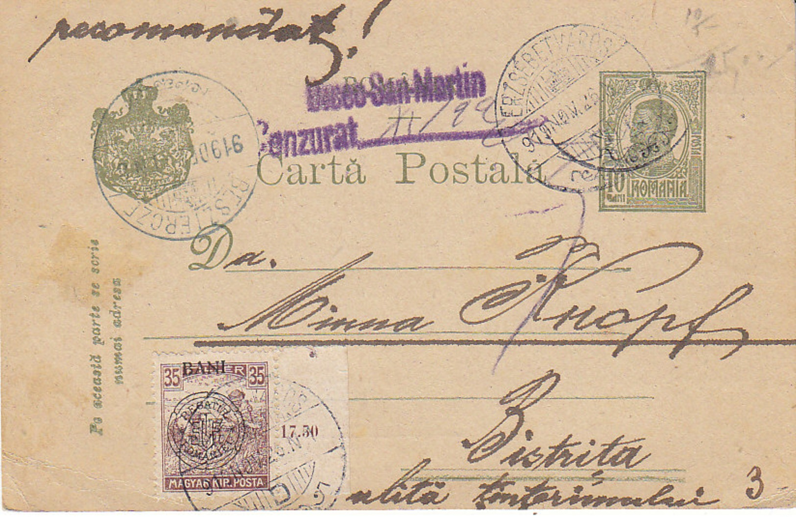 Entier Postal Roumain Recommandé + Timbre Transylvanie + Censure ,de Besztercze Pour Bistrita  ,1919 - Siebenbürgen (Transsylvanien)