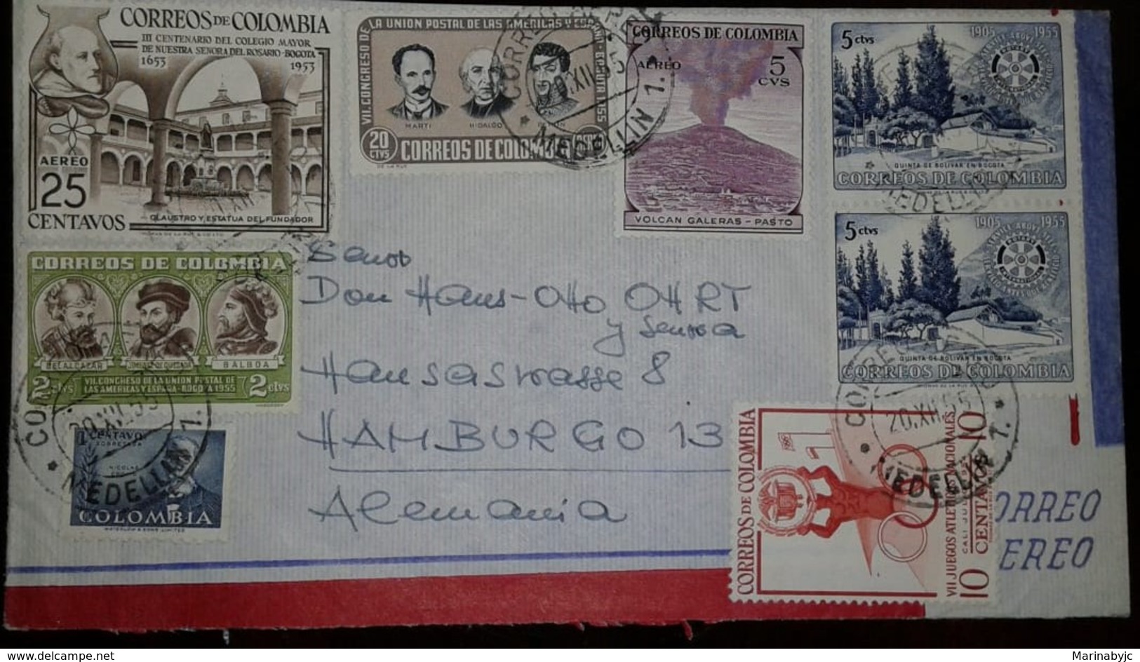 L) 1955 COLOMBIA, VOLCANO GALERAS, 5C, 7th CONGRESS OF THE POSTAL UNION OF THE AMERICAS AND SPAIN, MARTI, HIDALGO, PETIO - Colombia