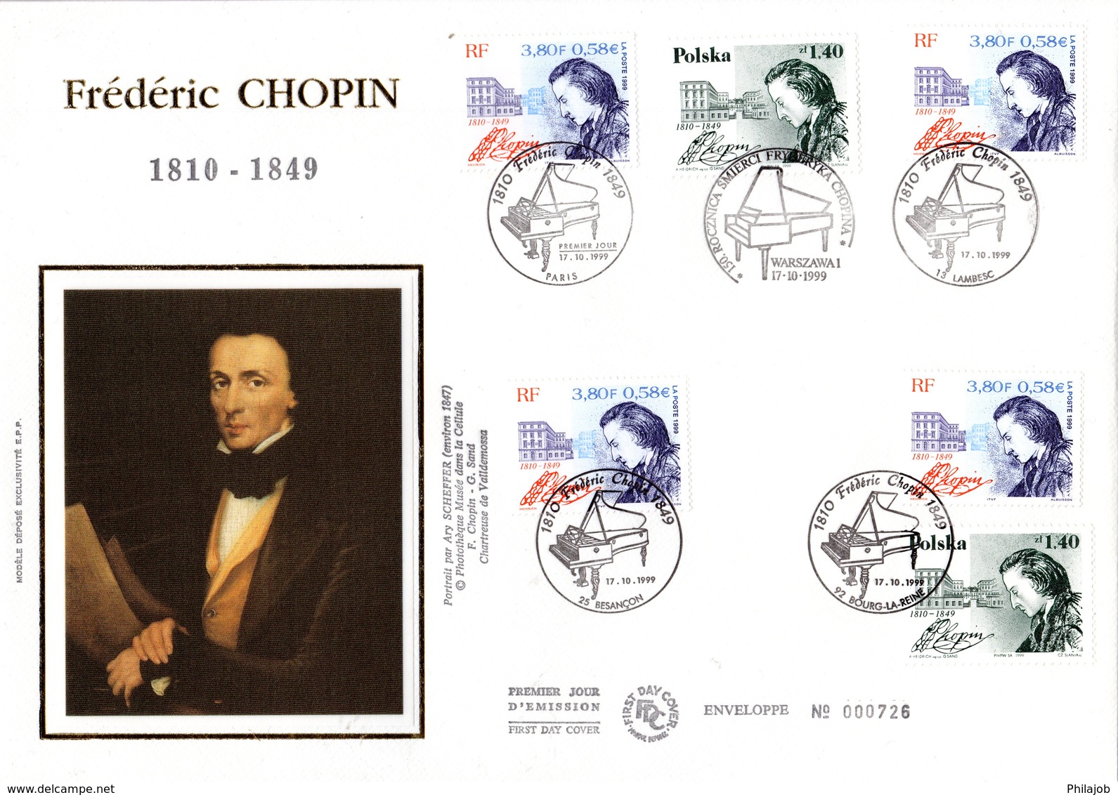 FRANCE / POLOGNE 1999 : Enveloppe 1er Jour Grand Format Numérotée Sur SOIE " FREDERIC CHOPIN ". N°YT 3287 + POLOGNE. FDC - Gemeinschaftsausgaben