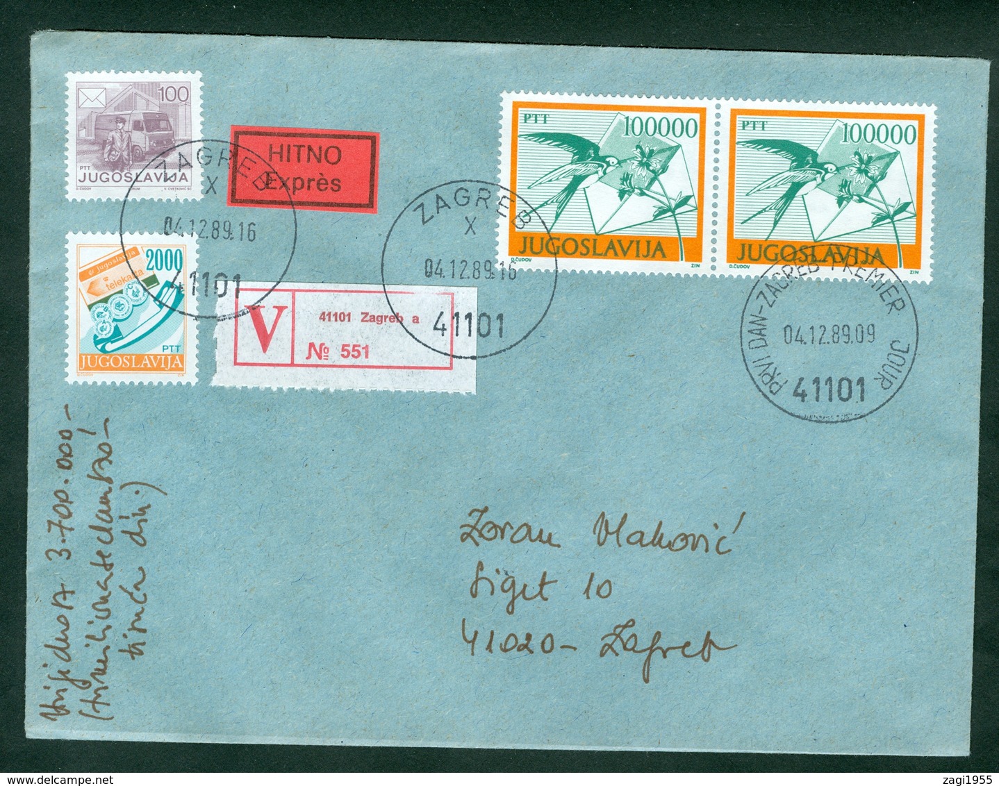 Yugoslavia 1989 FDC Definitive Issue Michel 2391 Swallow Valuable Letter Postal Traffic Inflation Postman - Briefe U. Dokumente