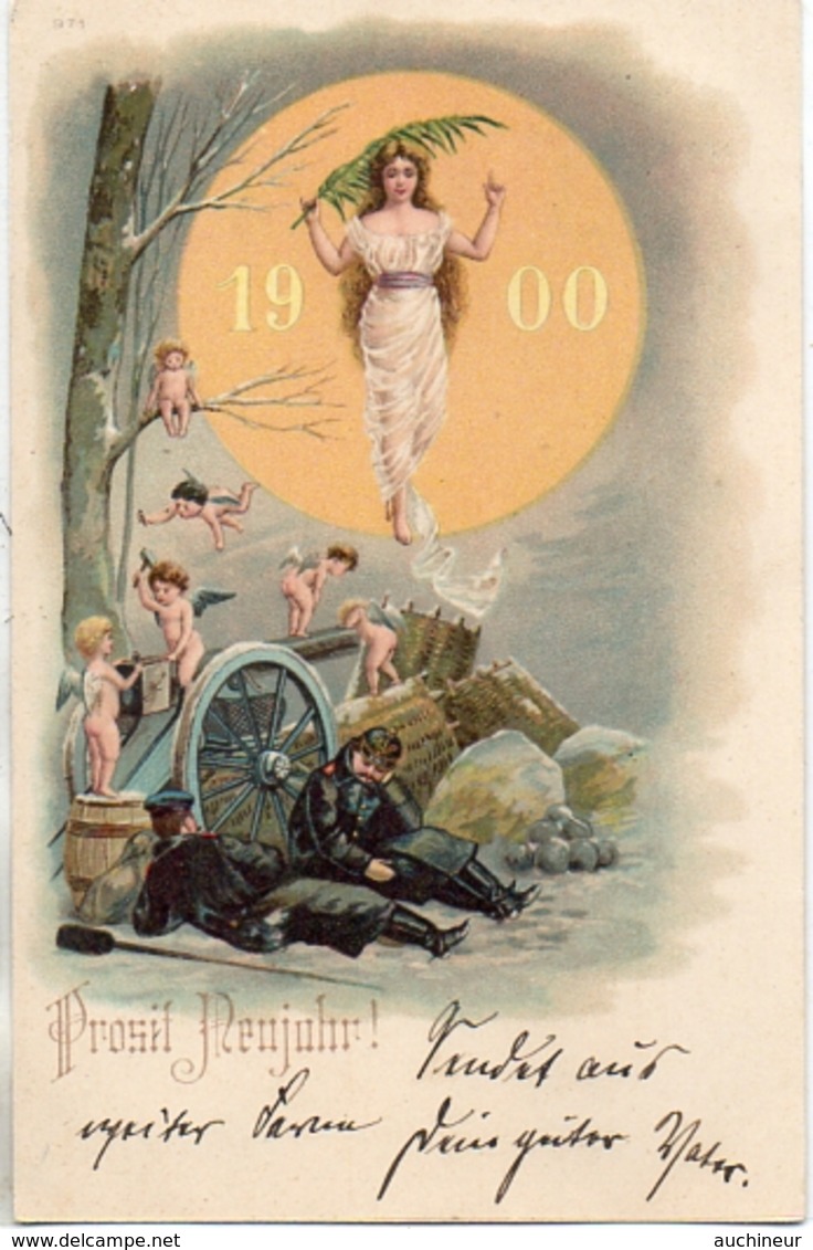 Année Date Millesime - 1900 - Femme Paix Dans Soleil Anges Canon Soldat - New Year