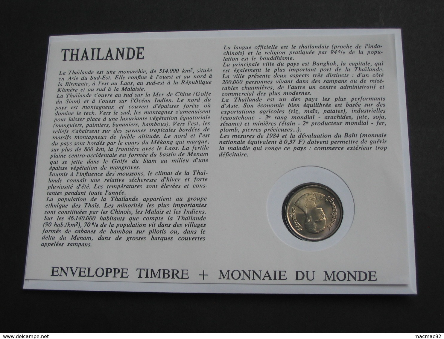 Thailland 1 Bath  - Monnaie Sur Enveloppe   **** EN ACHAT IMMEDIAT **** - Thaïlande