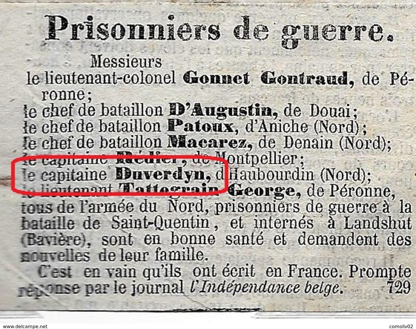 Guerre De 1870 - Camp De Lanschut  (BAVIERE ) Pour Haubourdin (Nord) Par Voie De Belgique. Capitaine DUVERDYN - Guerre De 1870