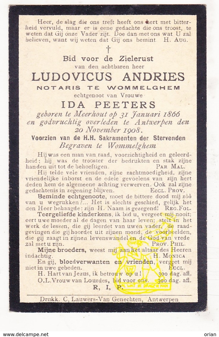 DP Notaris Te Wommelgem - Ludovicus Andries ° Meerhout 1866 † Antwerpen 1908 X Ida Peeters / Begr. Wommelgem - Images Religieuses