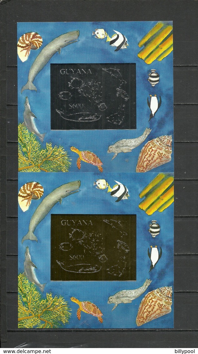 GUYANA  1993 Marine Life, Fishes, Shells, Whales  2 SS Golden And Silver Foil  Perf. - Mundo Aquatico