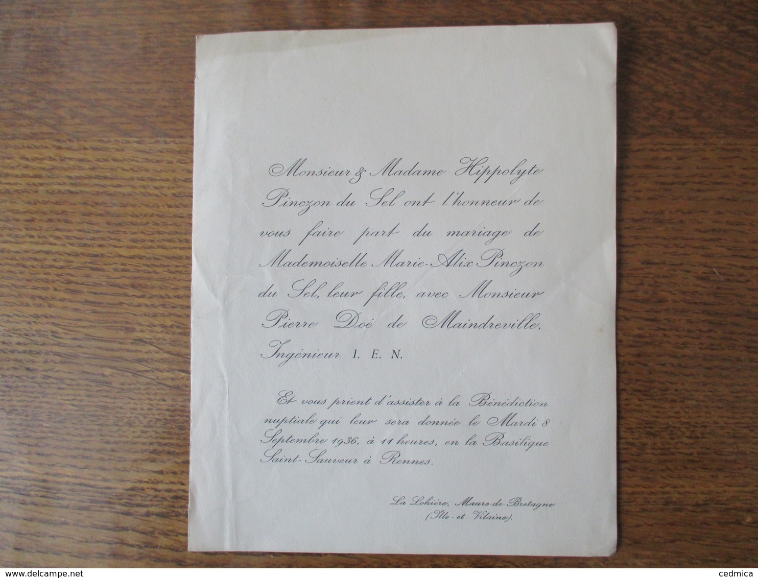 LA LOHIERE MAURE DE BRETAGNE LE 8 SEPTEMBRE 1936 MADEMOISELLE MARIE-ALIX PINCZON DU SEL ET MONSIEUR PIERRE DOE DE MAINTR - Mariage