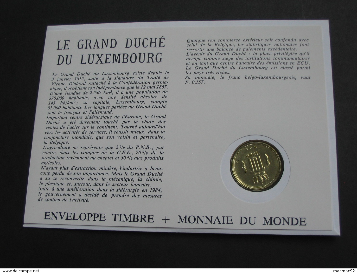 LUXEMBOURG - 10 Francs 1980  - Monnaie Sur Enveloppe   **** EN ACHAT IMMEDIAT **** - Luxembourg