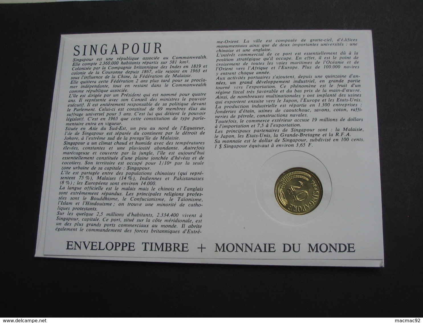 SINGAPORE - 20 Cents 1984  - Monnaie Sur Enveloppe   **** EN ACHAT IMMEDIAT **** - Singapour