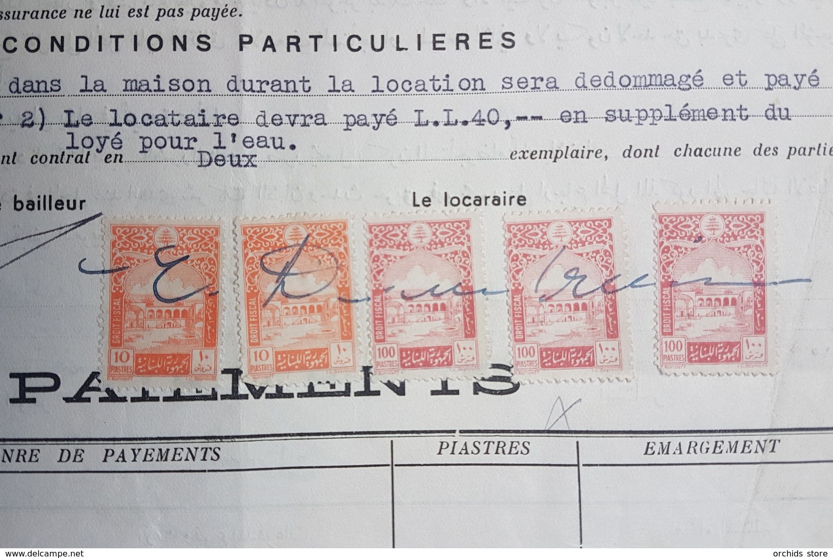 GE - Lebanon 1949 Rent Document With Several Rare Fiscal Revenue Stamps & Contract 20pl Sucharge On 15p Notarial - Lebanon