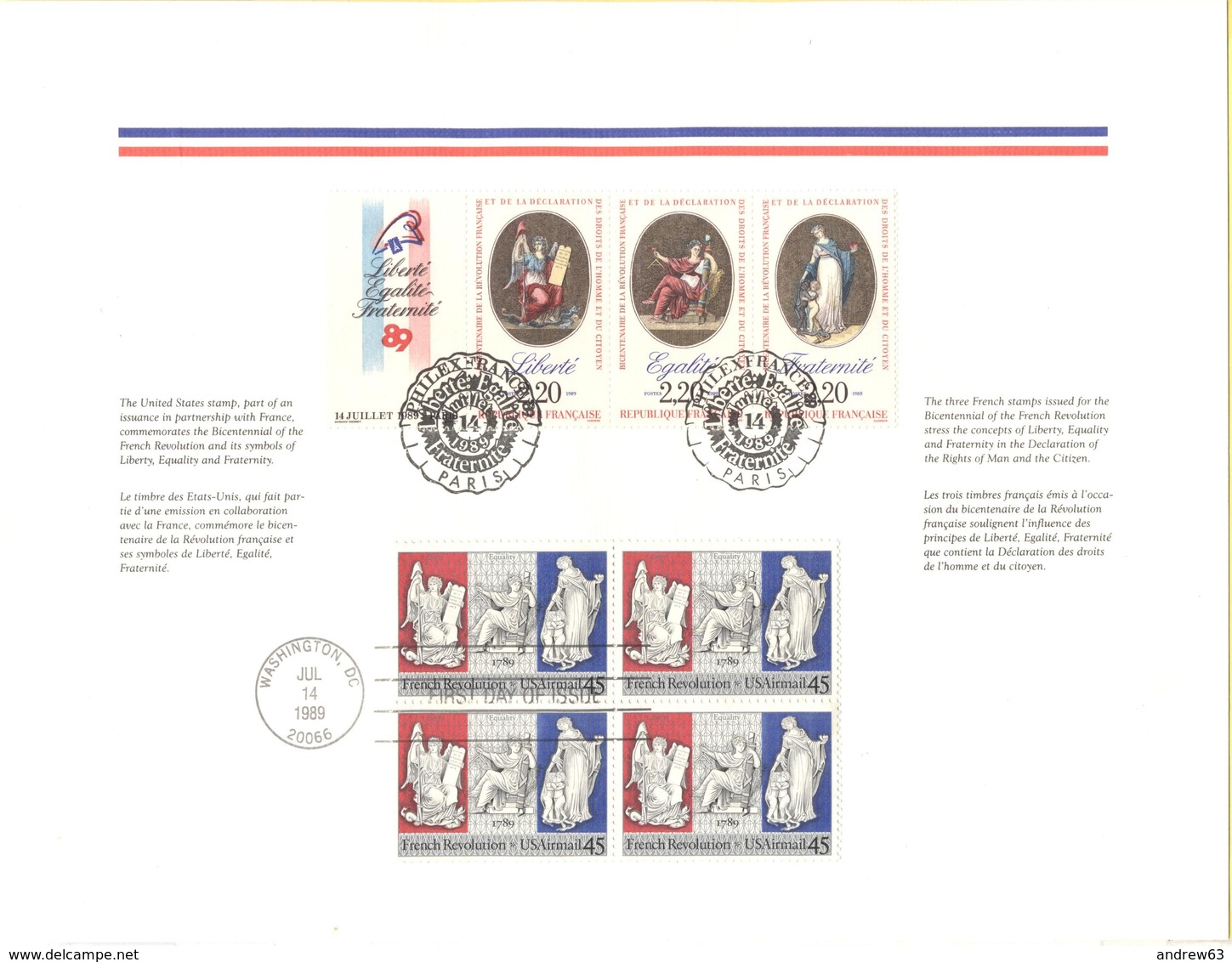 Emissione Congiunta - USA-France - Stati Uniti-Francia - 1989 - French Revolution - Liberté, Égalité, Fraternité -FOLDER - Emissioni Congiunte