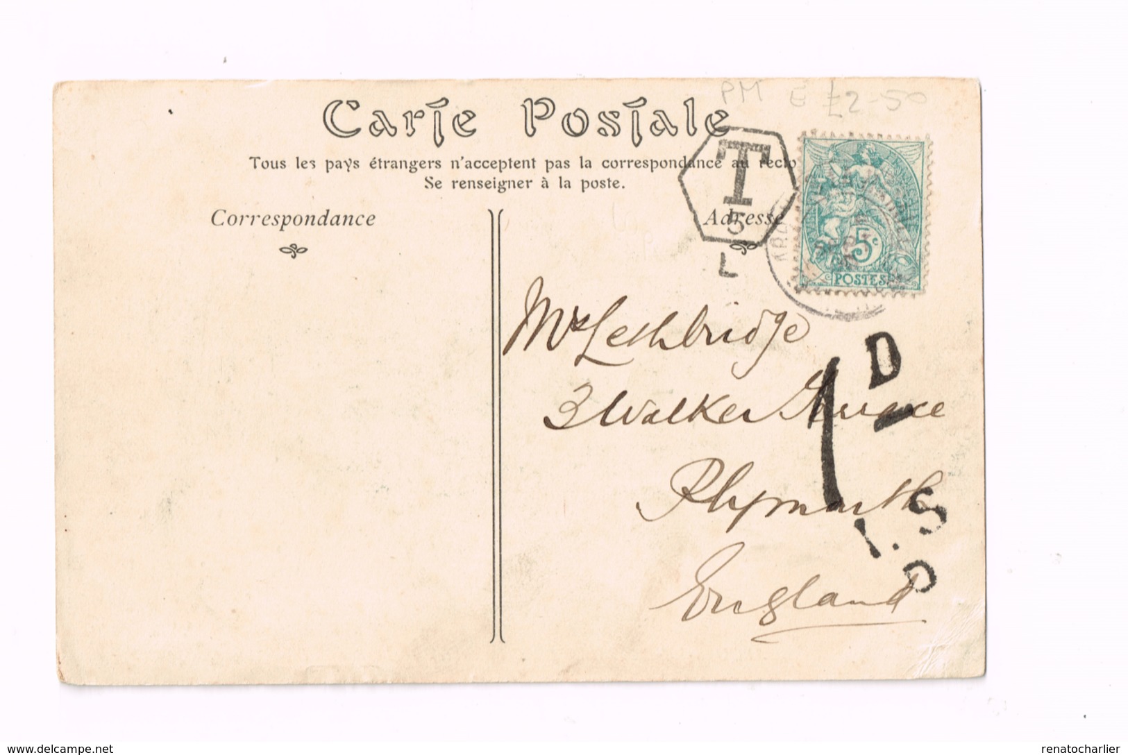 Taxe 1d Sur Carte Postale De Arques-la-Bataille (FRance) à PLymouth. - Postage Due