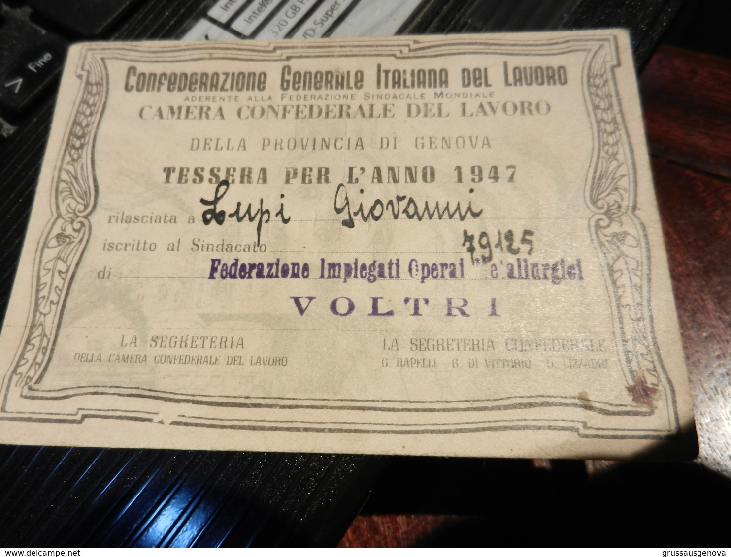 19917) TESSERA CONFEDERAZIONE GENERALE ITALIANA DEL LAVORO 1947 GENOVA - Historical Documents