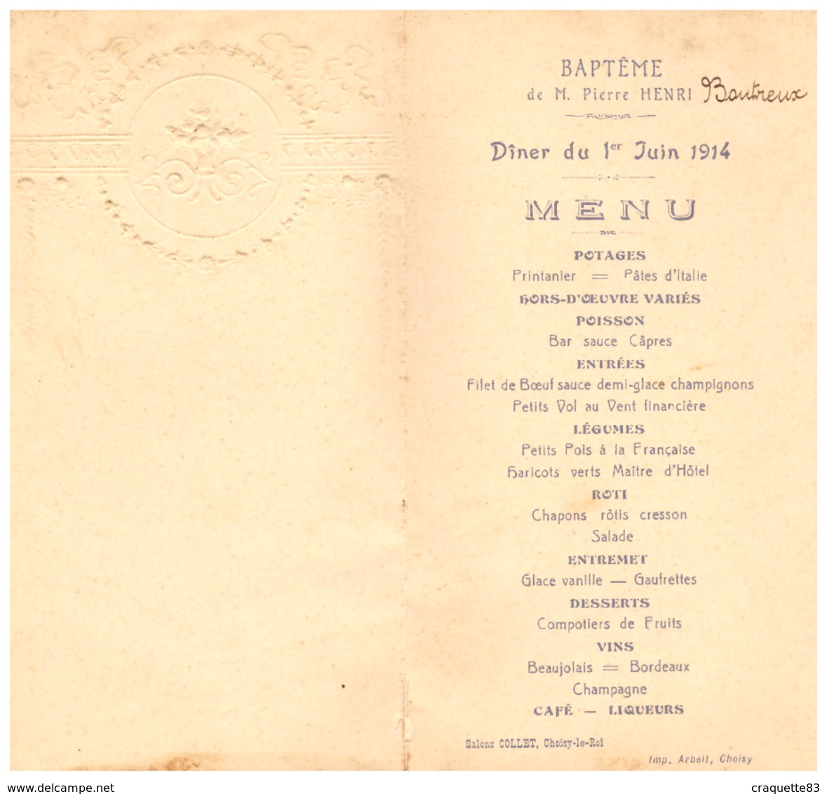 MENU DE BAPTEME GAUFFREE  1er JUIN 1914 - SALONS COLLET  CHOISY LE ROI - Menus