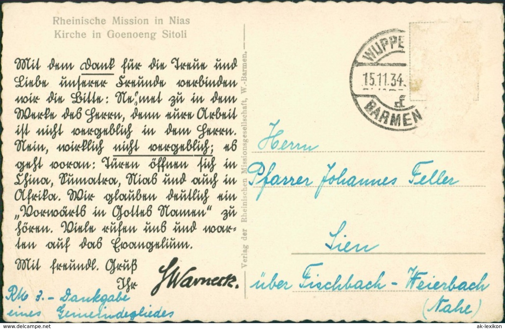 Postcard Nias Rheinische Mission Goennoeng Sitoli Indonesia 1934 - Indonesien