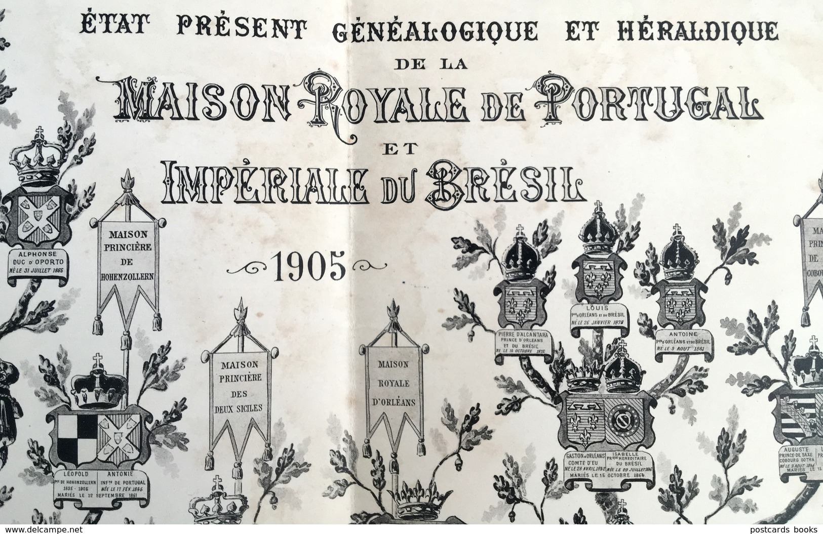 Gravura ARVORE GENEALOGICA Casa Real PORTUGAL e Imperial BRASIL. Old Print France BENDER d'ARROZ 1905