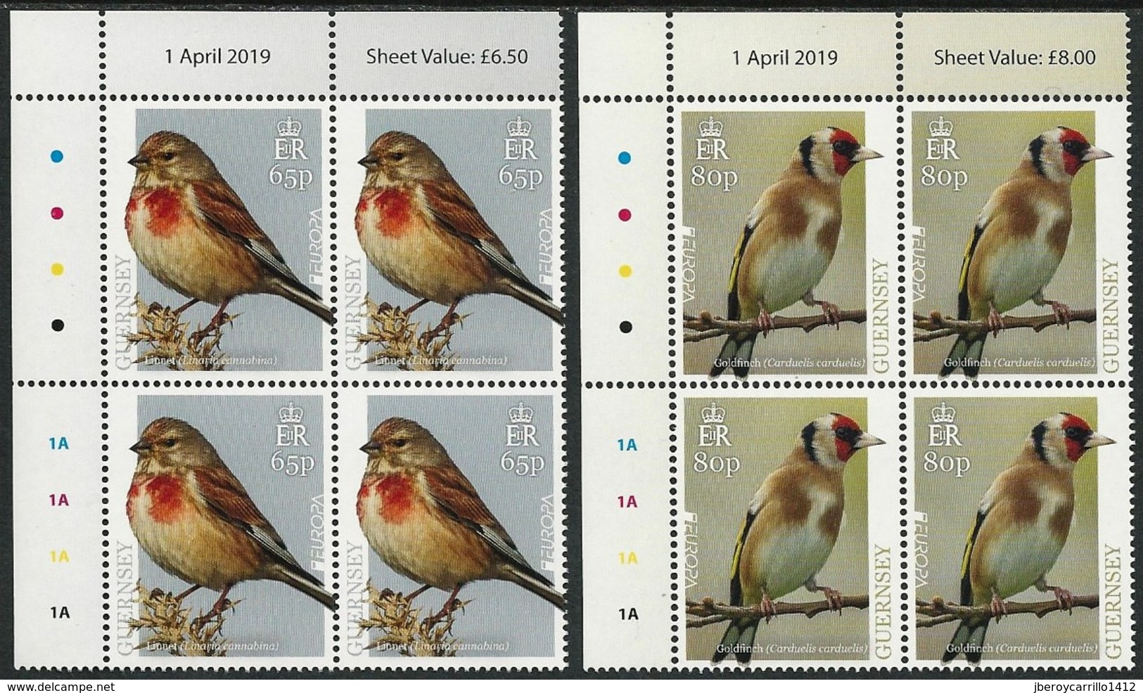 GUERNSEY - EUROPA 2019 - NATIONAL BIRDS & SYMBOLISH.- "AVES - BIRDS - VÖGEL - OISEAUX"-  2 BLOQUES De 4 Con LOGO EUROPA - 2019