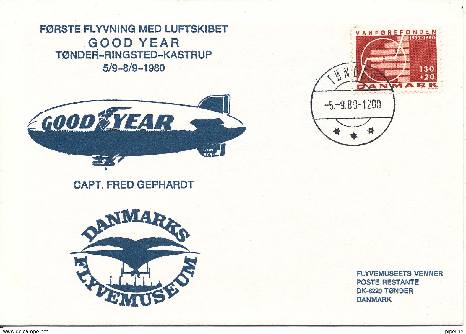 Denmark Flight Cover First Flight Airship GOOD YEAR Tönder-Ringsted-Kastrup 5/9-8/9-1980 Capt. Fred Gephardt With Cachet - Lettres & Documents