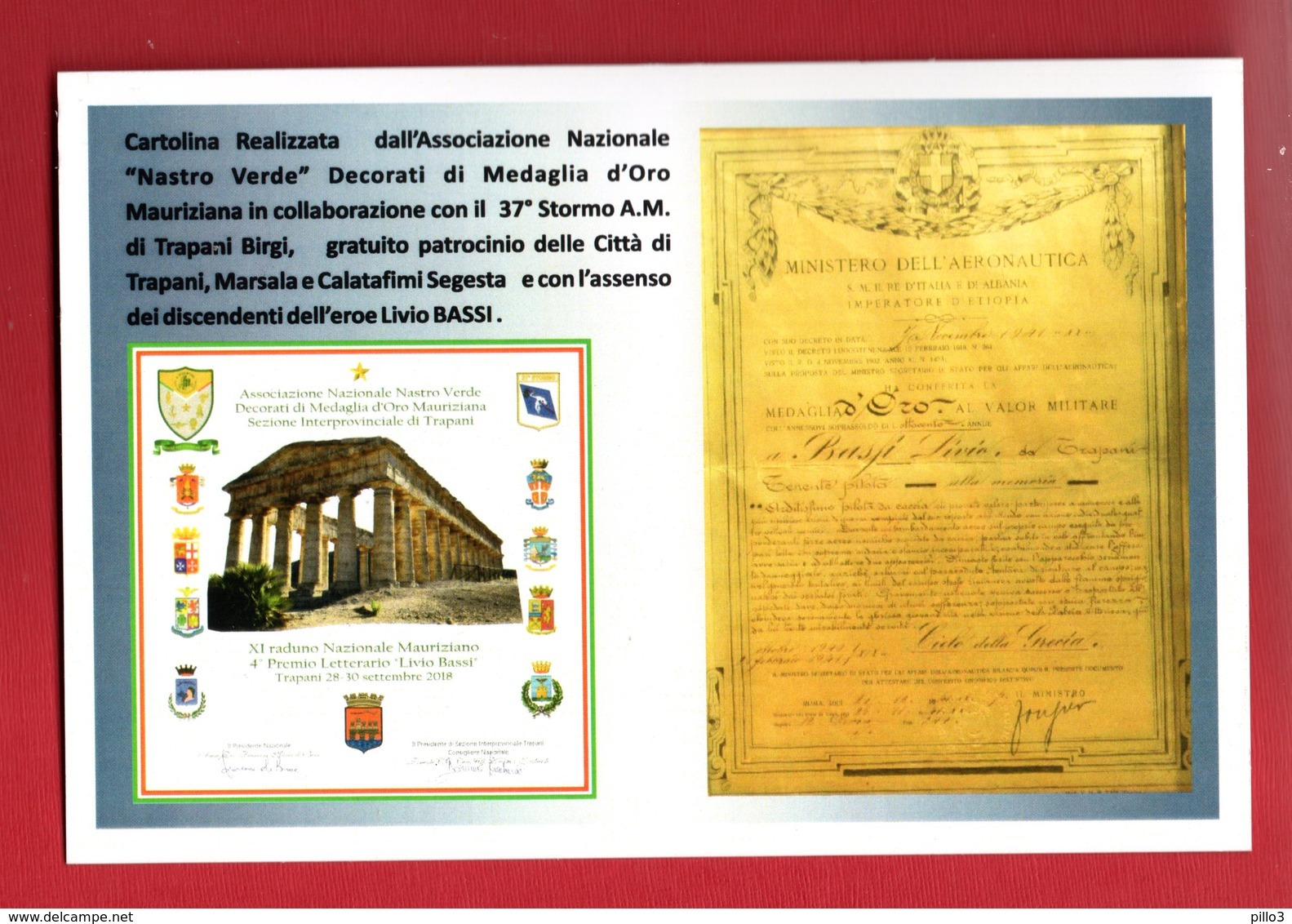 ITALIA : Annullo Medaglia D'Oro Al V.M.  Ten.Pilota LIVIO BASSI - Trapani 30.09.2018 - FDC