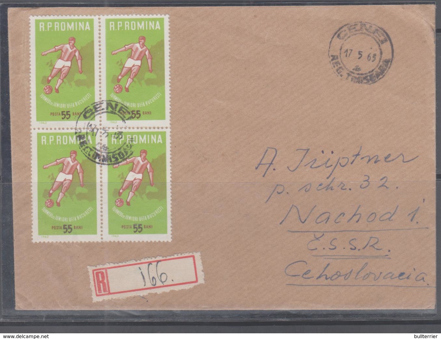 SOCCER - RUMANIA  1962- SOCCER TOURNAMENT BLOCK OF 4 ON COVER TO CZECHOSLAVKIA,SELDOM SEEN POSTLLY USED - Other & Unclassified