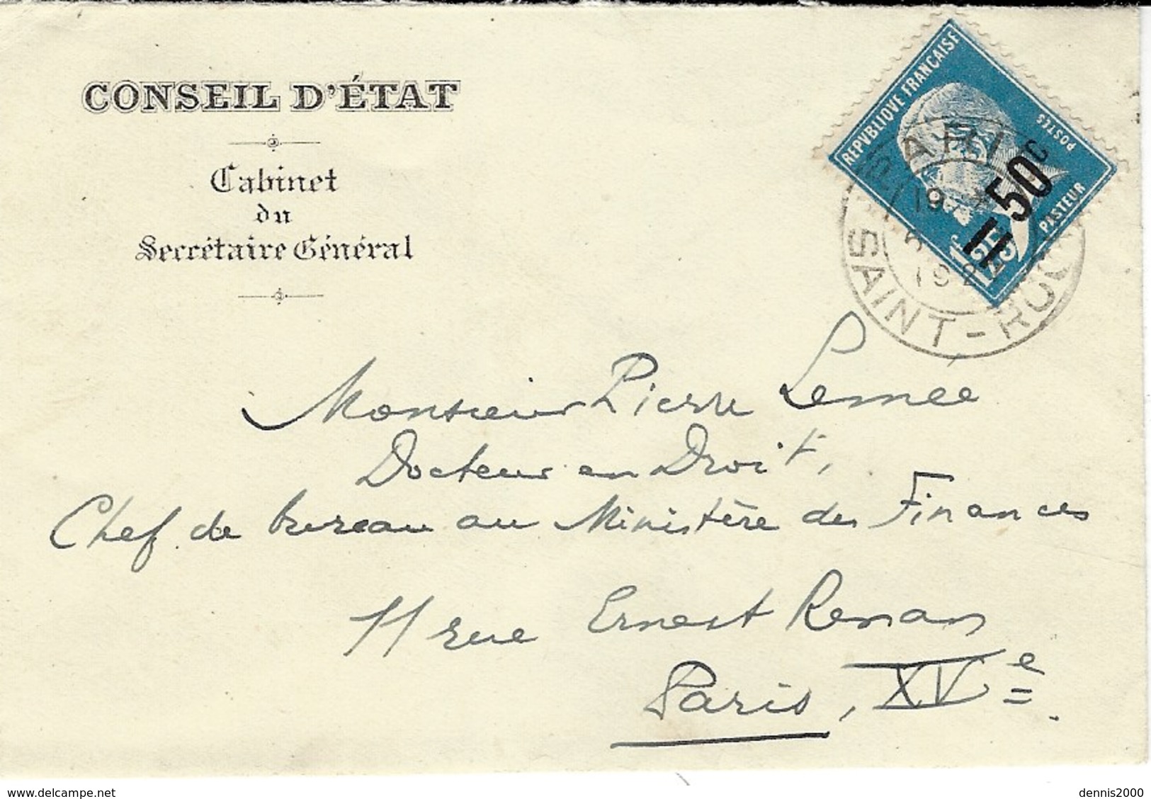 1927- Petite Enveloppe à En-tête Du Conseil D'Etat Affr. Pasteur 50 / 1,25 N° 222 SEUL - 1921-1960: Période Moderne