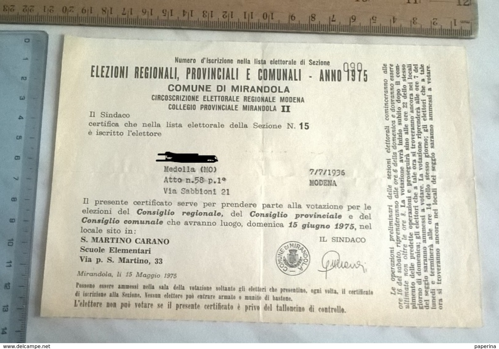 ELEZIONI REGIONALI PROVINCIALI E COMUNALI ANNO 1975 COMUNE DI MIRANDOLA - Documenti Storici