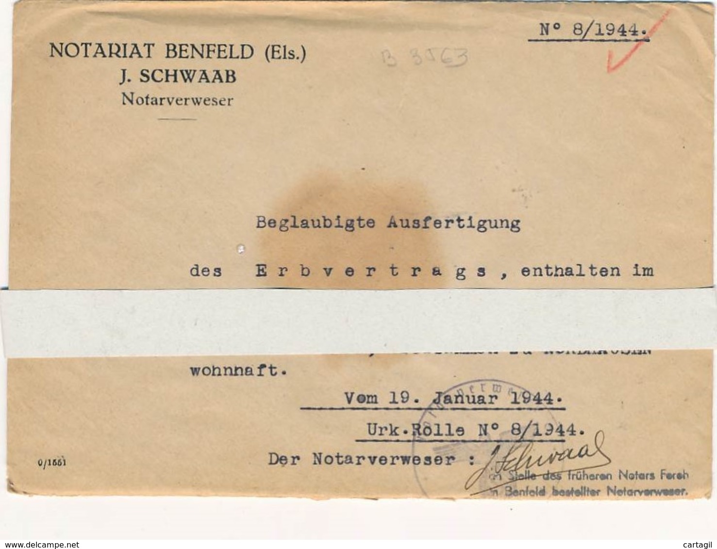 AC - B 3563 -Acte Notaire (Erbvertrag Nordhausen 1944) - Enveloppe Ouverte -Port Gratuit - Documents Historiques