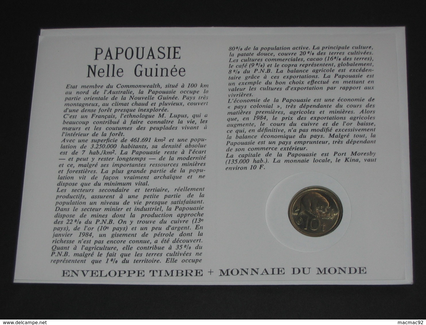 Papouasie-Nouvelle-Guinée  - KINA 1976  - Monnaie Sur Enveloppe   **** EN ACHAT IMMEDIAT **** - Papúa Nueva Guinea