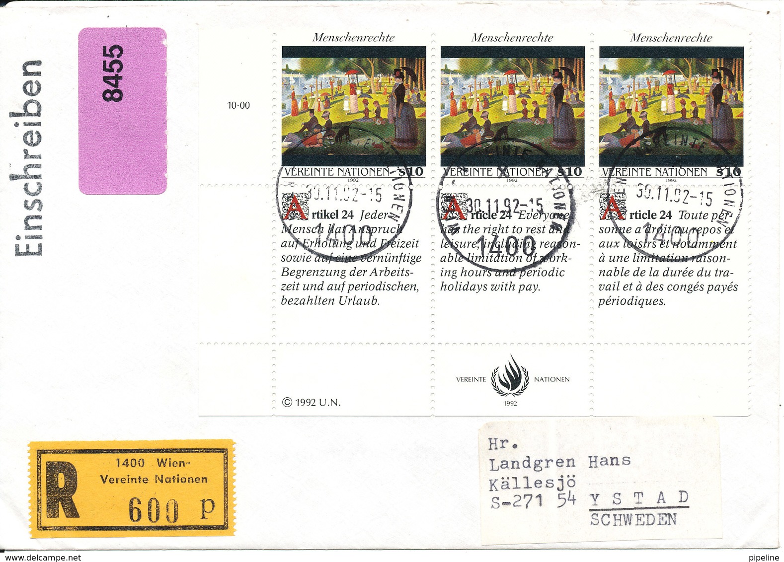 Austria UN Vienna Registered Cover Sent To Sweden 30-11-1992 - Covers & Documents