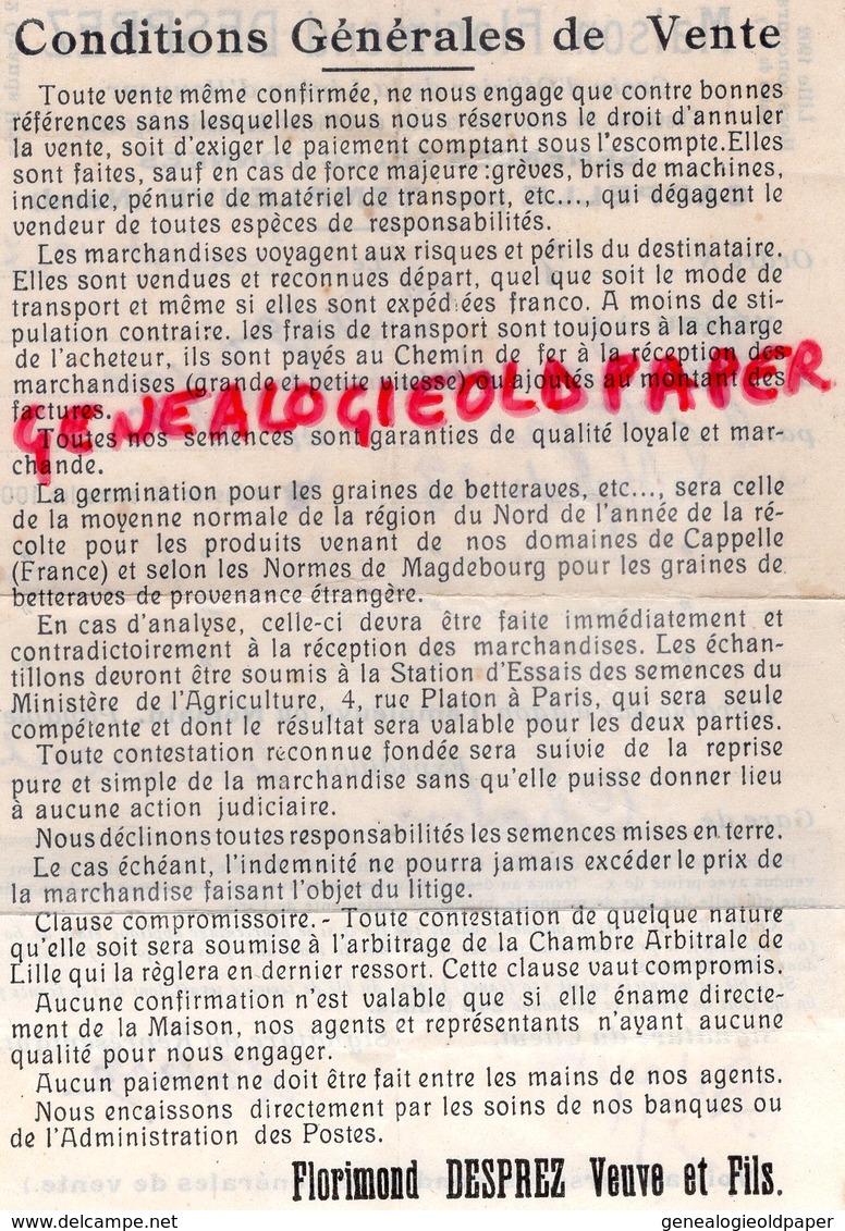 59- CAPPELLE PAR TEMPLENEUVE-RARE FACTURE FLORIMOND DESPREZ-LEGION HONNEUR- SEMENCES HORTICULTURE AGRICULTURE-1927 - Landwirtschaft