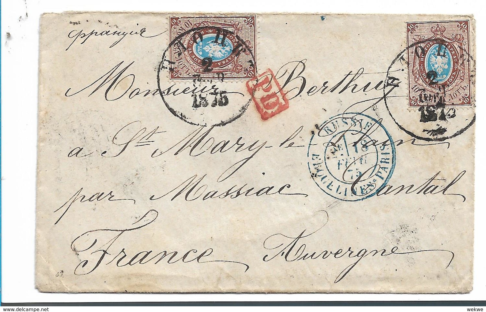 Rl085 / Russland - Odessa 1875 Nach Frankreich Mit 2 X Mi.Nr. 21 (10 K) - Briefe U. Dokumente