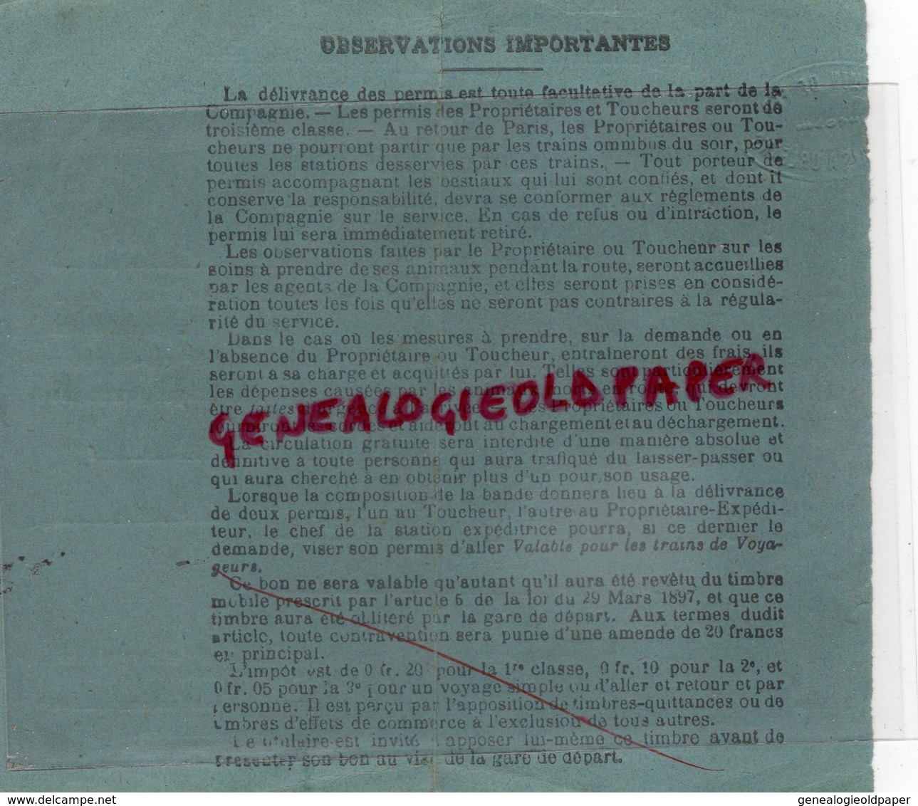 87- NEXON GARE-PO CLERMONT FERRAND- RARE PERMIS 3 E CLASSE CHEMIN DE FER ORLEANS- DEFAYE -PROPRETAIRE BESTIAUX VACHES - Documentos Históricos