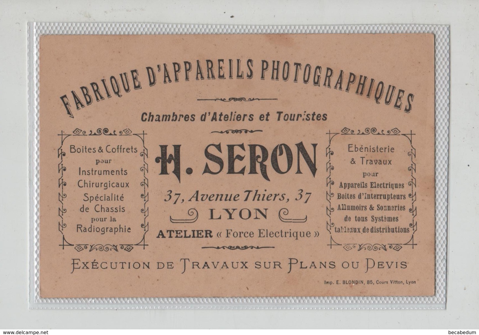 Carte De Visite Seron Fabrique Appareils Photographiques  Lyon - Visitenkarten