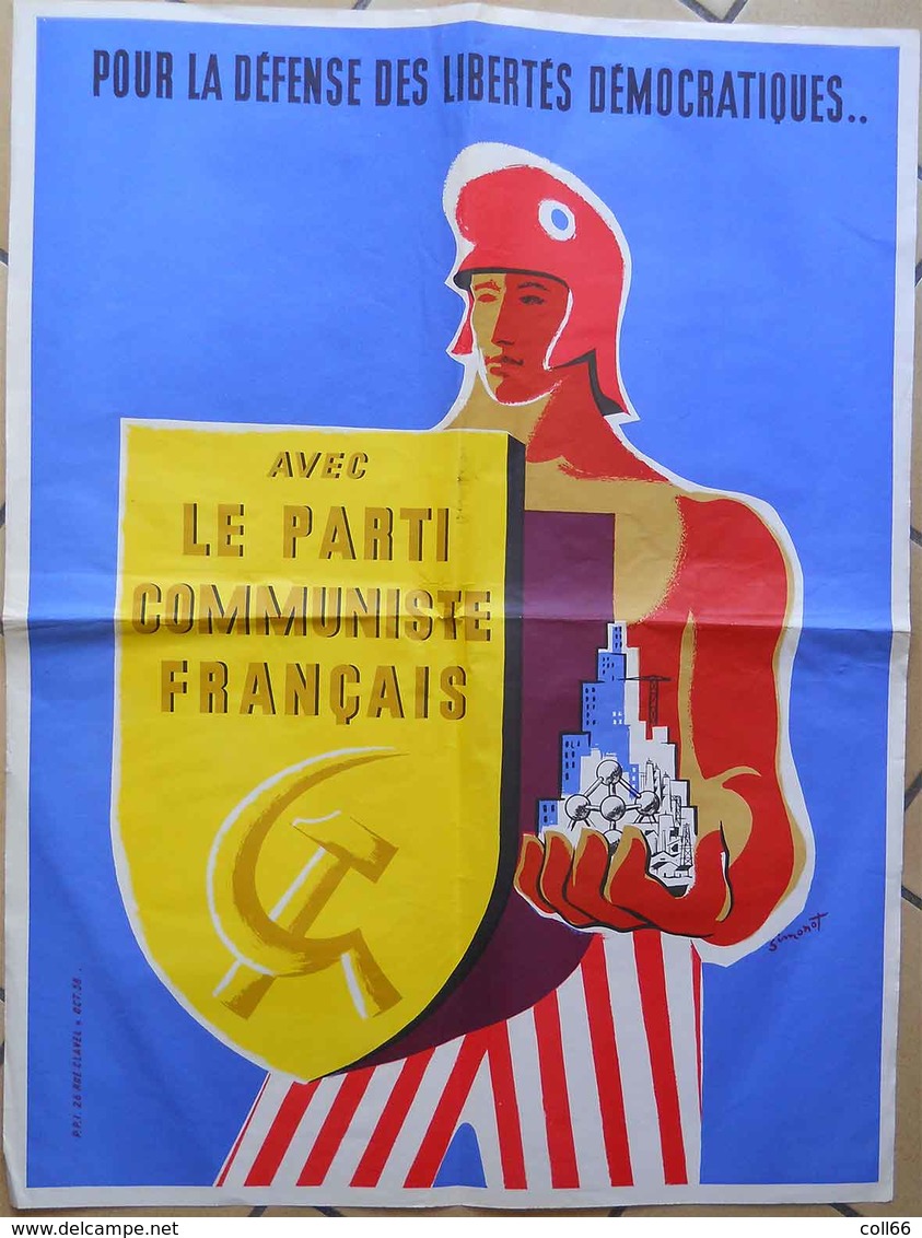 Affiche 1958 Politique Propagande PCF Illustration Simonot Pour La Défense Des Libertés Démocratiques  80x60cm - Affiches