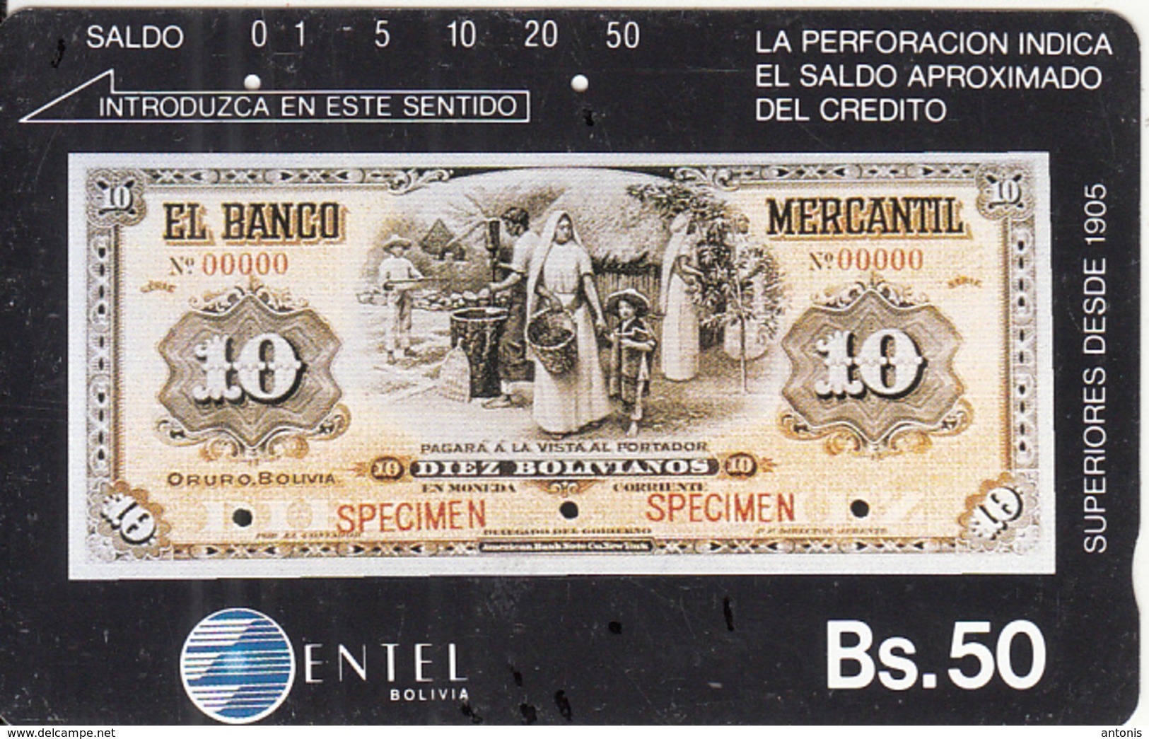 BOLIVIA(Tamura) - 10 Bolivianos Specimen Banknote, Entel Telecard Bs.50, Used - Bolivien