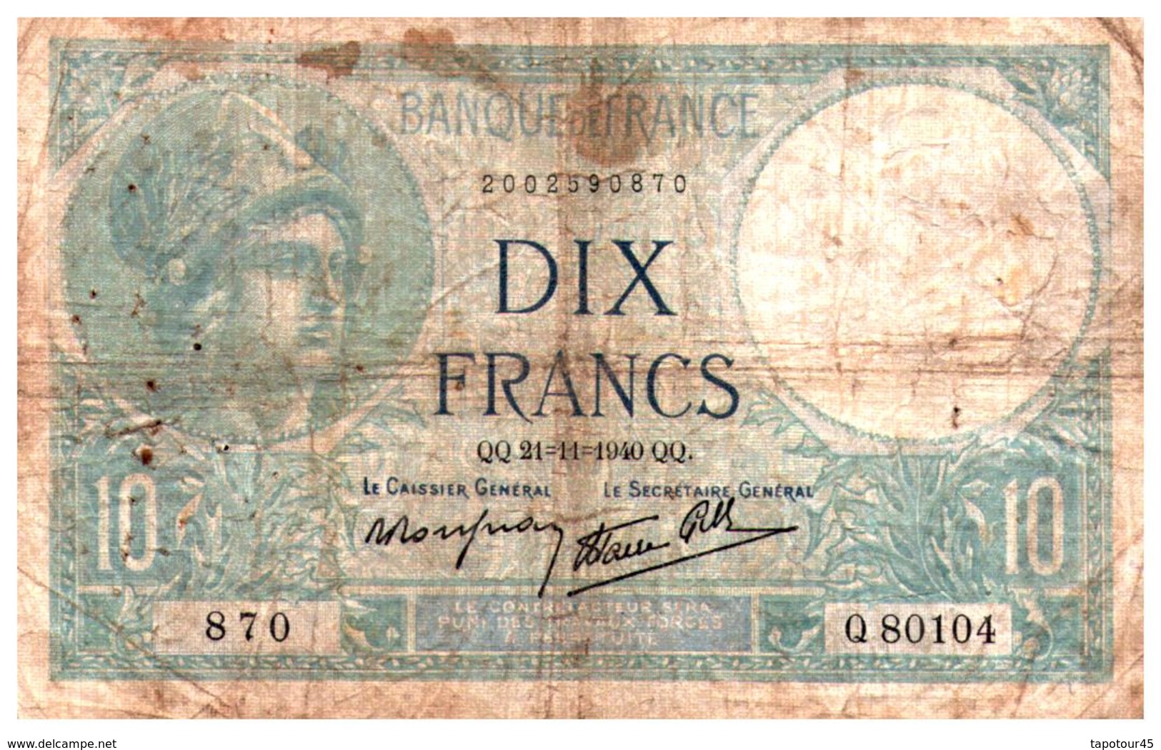 Billet > France > 10 Francs  QQ.21=11=1940.QQ. - 10 F 1916-1942 ''Minerve''