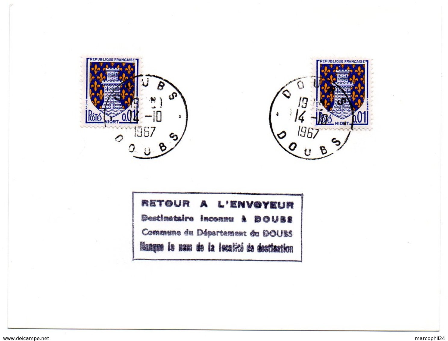 DOUBS - Dépt N° 25 = DOUBS (même Nom Que Le Département) 1967 = CACHET MANUEL A8 + TAMPON RETOUR ENVOYEUR - Manual Postmarks