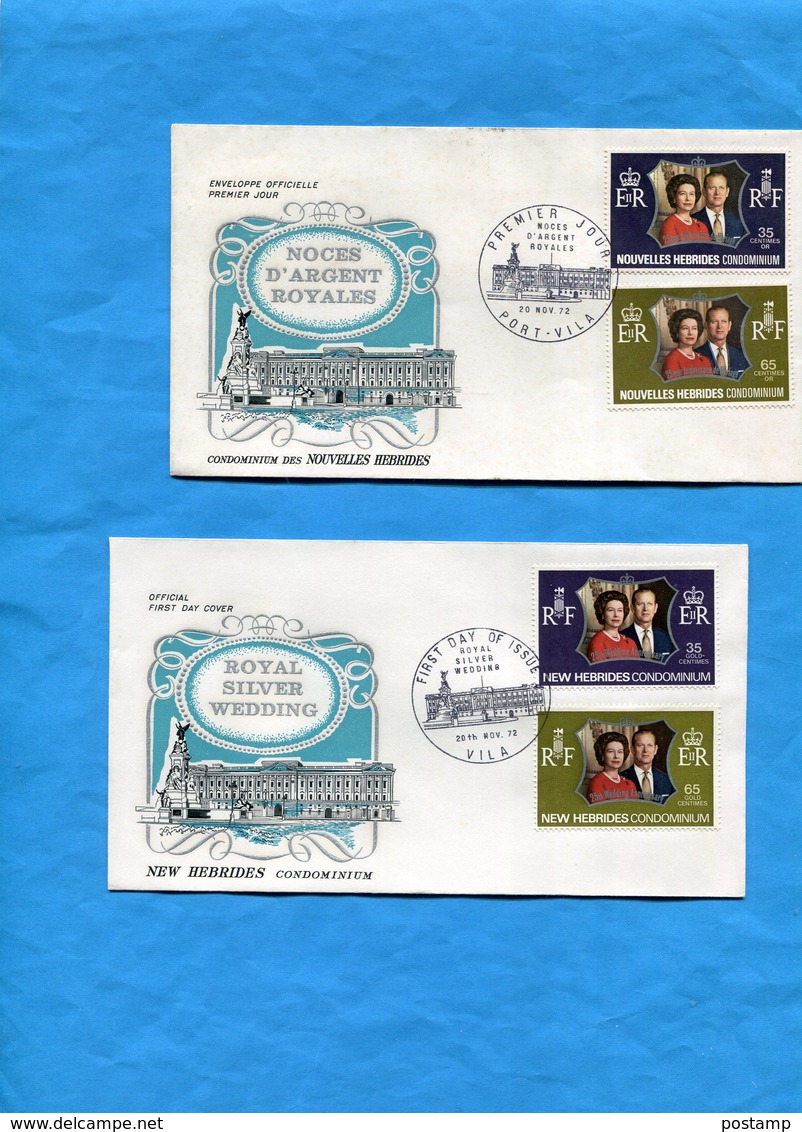 Nouvelle Hébrides- 2 Enveloppes F DC Illustrées*cad 1972-4 Timbres Couple Royal-25°anniv Mariage - FDC
