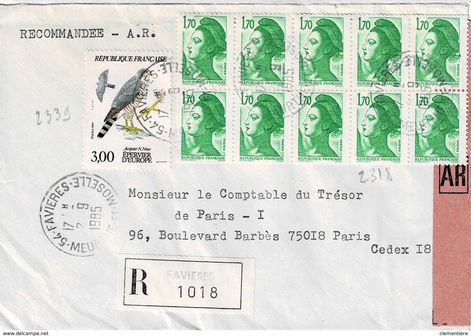 TP N°2318 En Bloc De 10 Et 2339 Sur Enveloppe En Recommandé De Favières - 1961-....