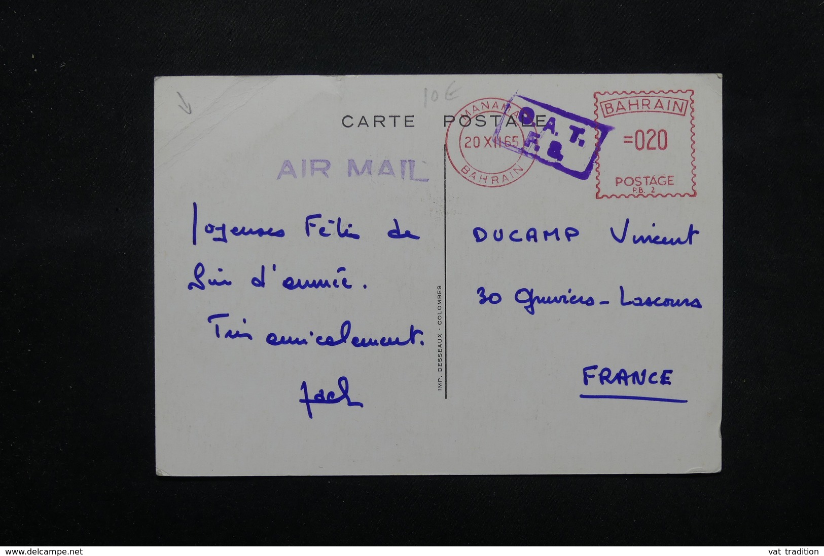 BAHREÏN - Affranchissement Mécanique De Manama Sur Carte Postale ( Bateau ) En 1965 Pour La France - L 27457 - Bahreïn (1965-...)