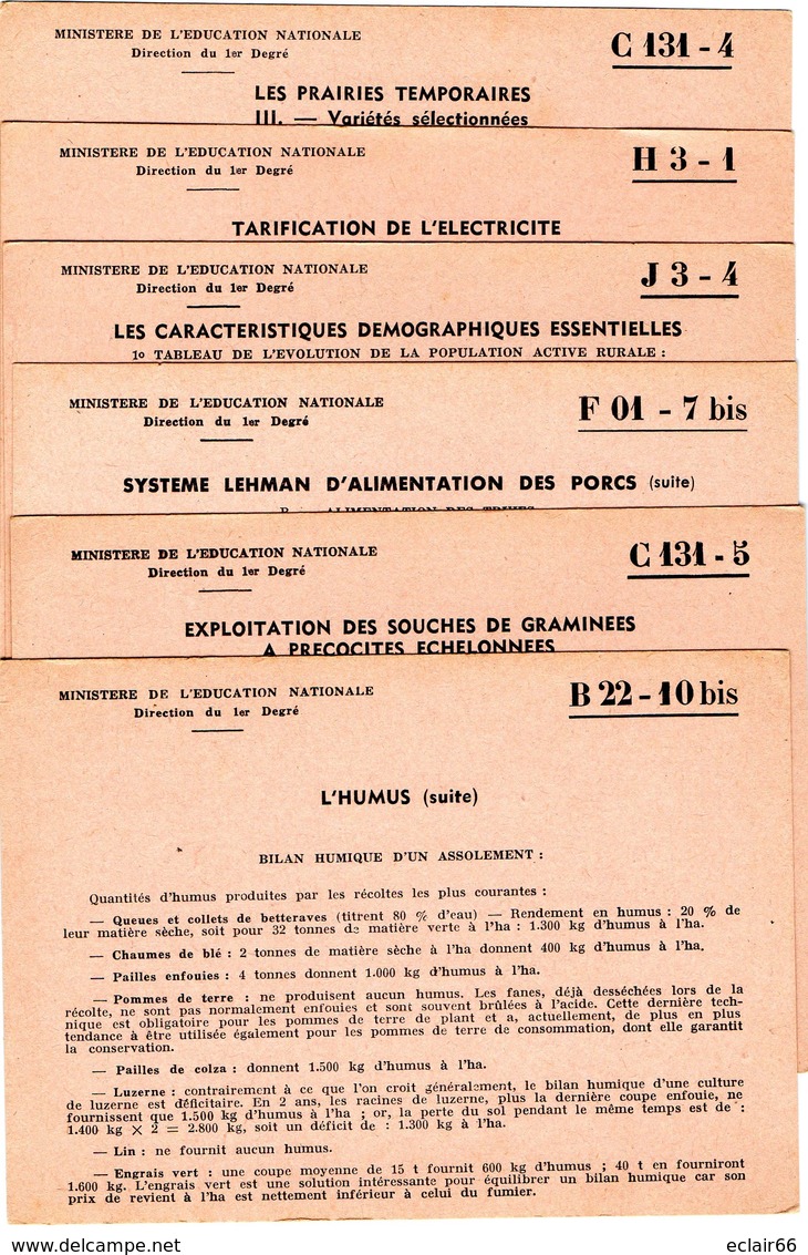 26 Fiches MINISTERE EDUCATION NATIONAL  Centre De Documentation Pédagogique  De Caen Année 1956- 1957 Impeccable Scannes - Fichas Didácticas