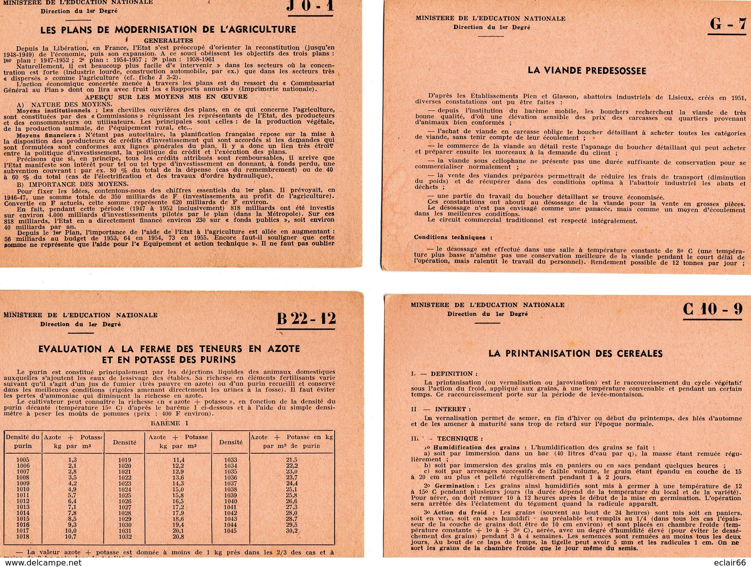 26 Fiches MINISTERE EDUCATION NATIONAL  centre de documentation pédagogique  de Caen année 1956- 1957 Impeccable scannes