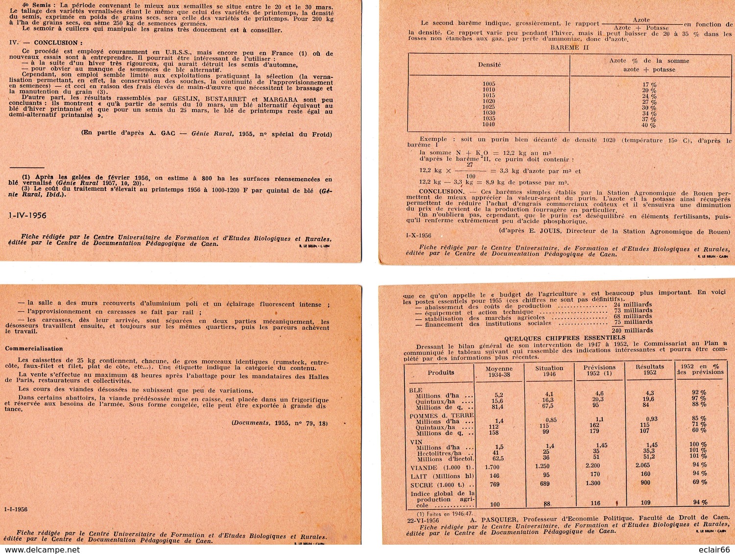 26 Fiches MINISTERE EDUCATION NATIONAL  centre de documentation pédagogique  de Caen année 1956- 1957 Impeccable scannes