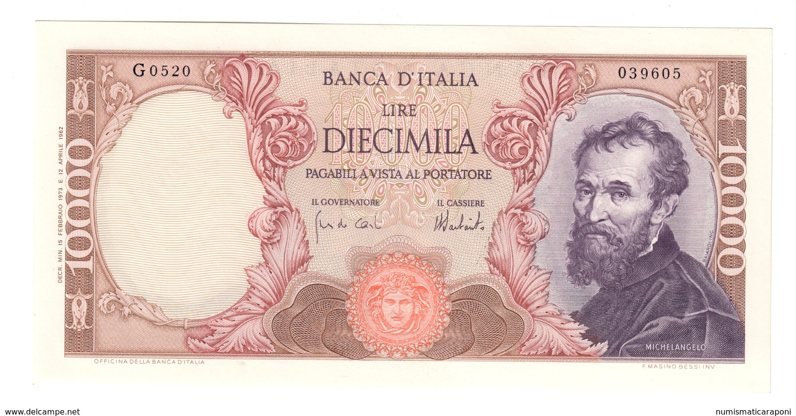10000 Lire Michelangelo Buonarroti  15 02 1973  Q.fds/fds   LOTTO 1892 - 10000 Liras
