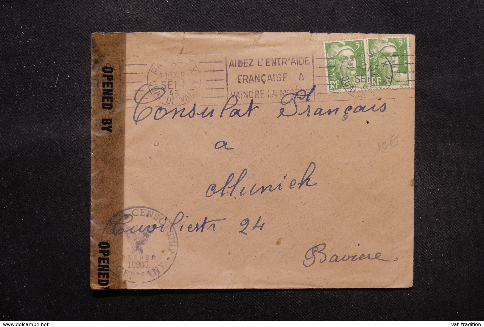 FRANCE - Enveloppe De Paris Pour L 'Allemagne En 1946 Avec Contrôle Postal , Affranchissement Gandons - L 27500 - 1921-1960: Période Moderne