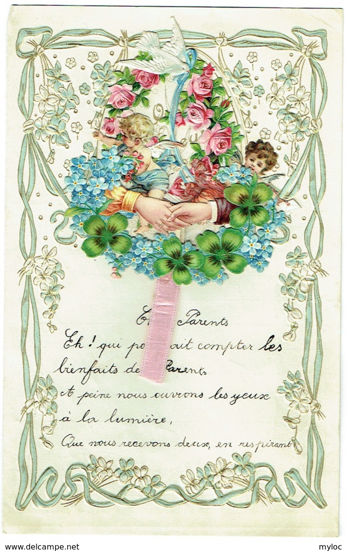 Belle Lettre Gaufrée D'Enfant Avec Découpi à Système. 1913. Anges. Fleurs. Trèfles à 4 Feuilles. - Anges