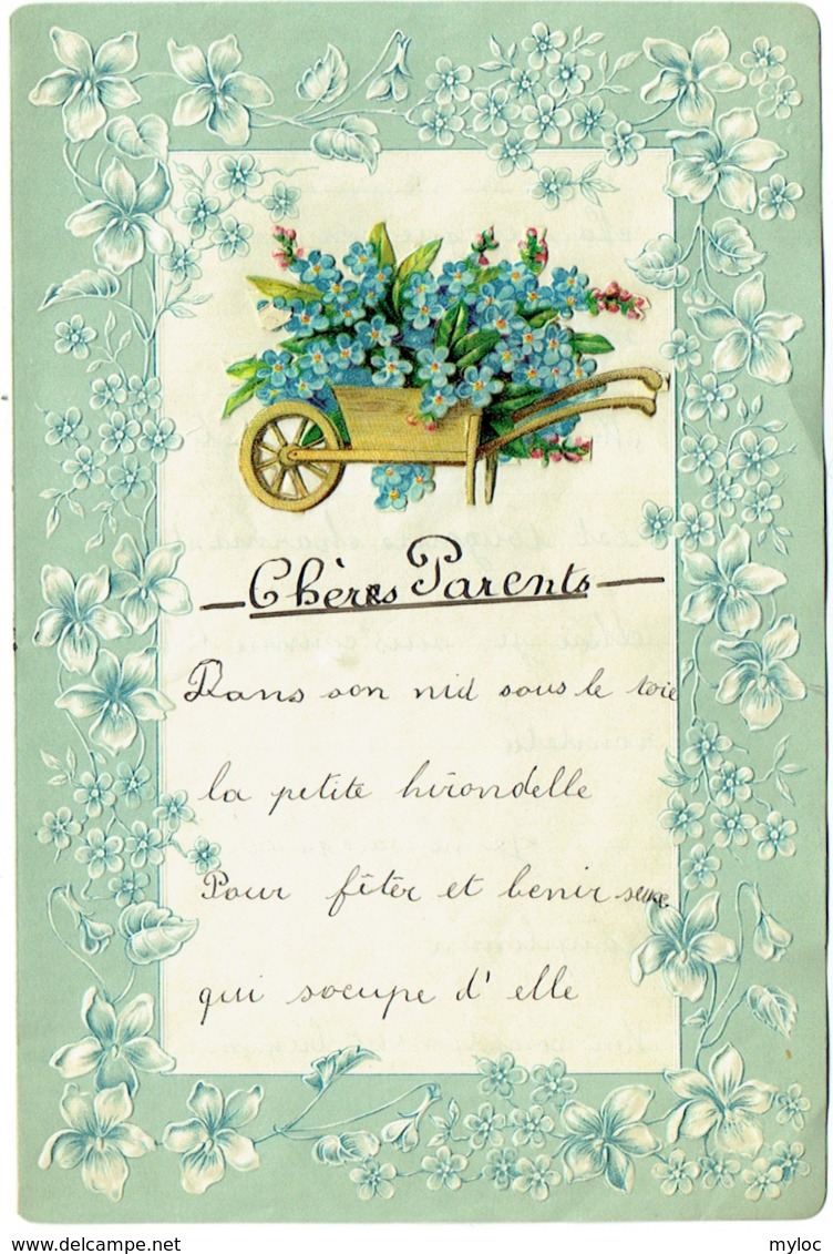 Lettre Gaufrée D'Enfant Avec Découpi. Brouette De Fleurs. - Fleurs