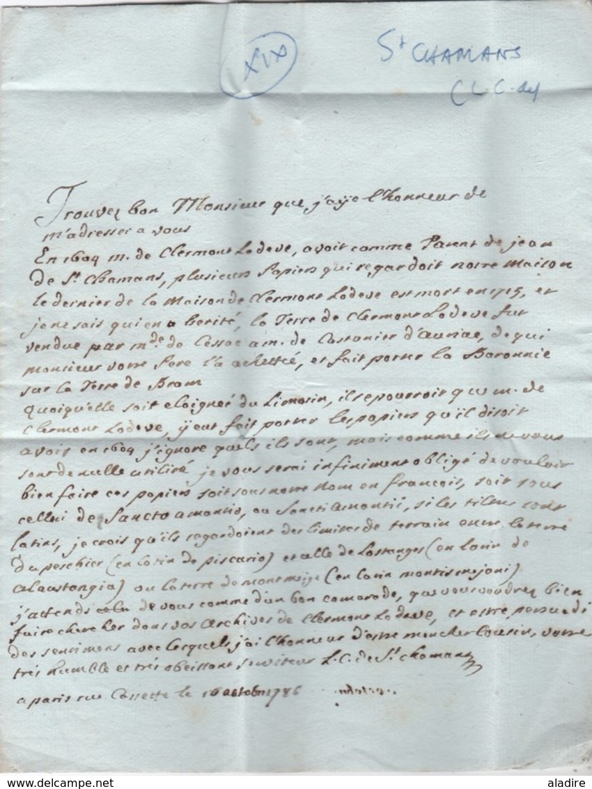 1786 - Marque Postale RIOM, Puy De Dôme Sur LAC De St Chamans Vers Castelnaudary, Aude - Règne De Louis XVI - 1701-1800: Précurseurs XVIII